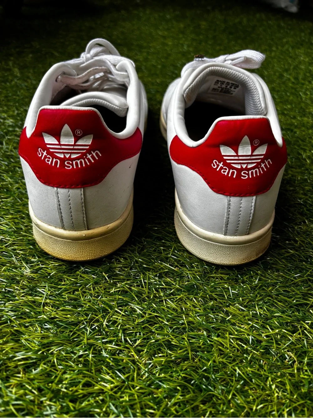 adidas Stan Smith White Leather Sneakers with Red Heel Patch